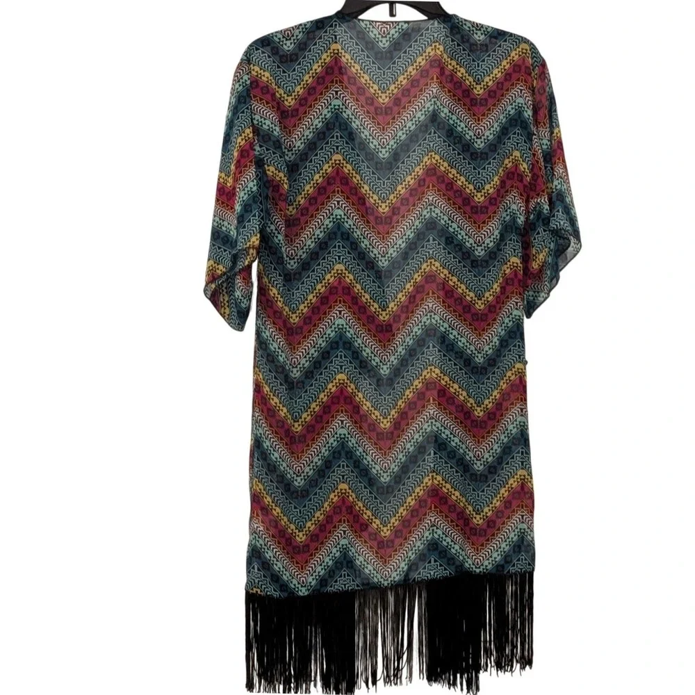 LuLaRoe Monroe Kimono Small Multicolor Geometric Chevron Fringe Chiffon Wrap NWT